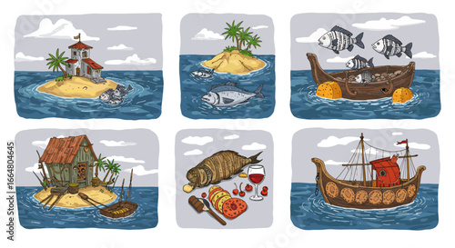 Hand drawn nautical scenes with fishing boats, islands, and sea life