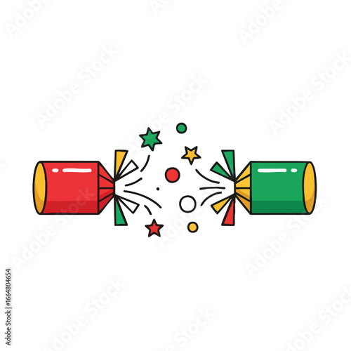 A festive Christmas cracker, red and green, bursting with confetti and streamers, symbolizing celebration and holiday fun.