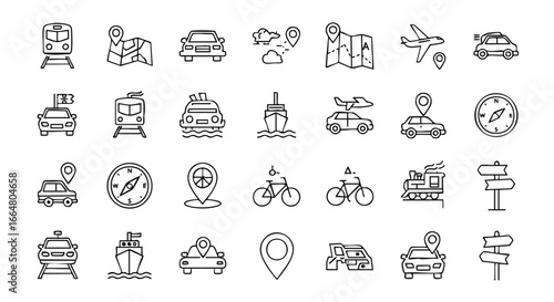 A Clean and Simple Line Art Collection of Travel Icons for Transportation and Navigation Services Representation