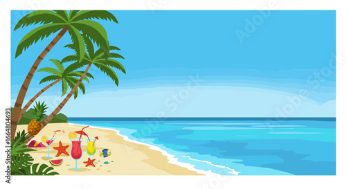 Tropical beach scene with palm trees and colorful cocktails by the ocean
