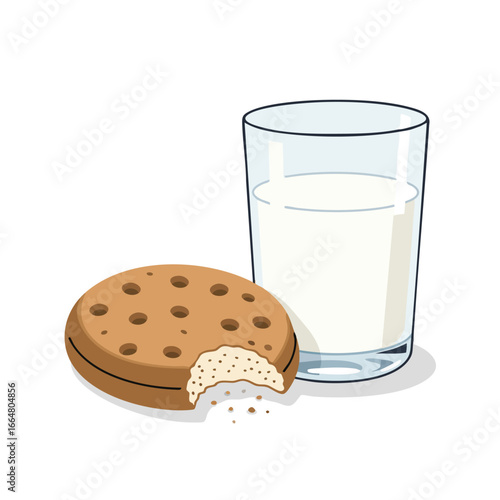 A bitten cookie and a glass of milk.