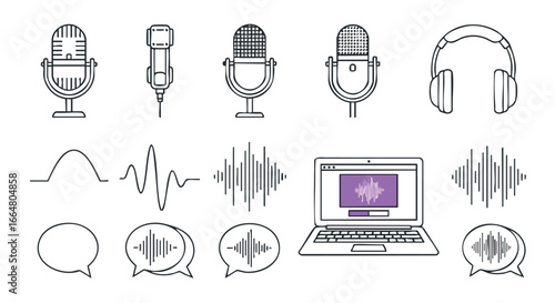 Audio production element collection showcases microphones headphones laptop and speech bubbles for sound creation and communication