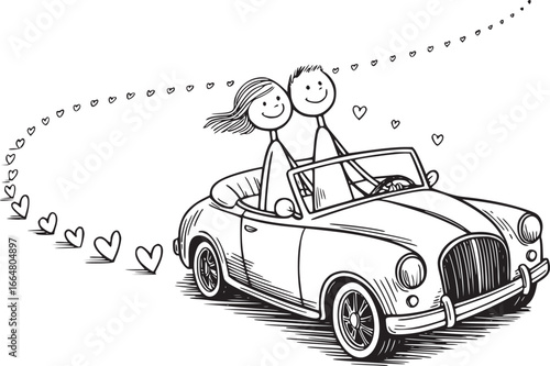 Love's Journey in Motion: A charming illustration of a couple embarking on a romantic journey, their convertible car leaving a trail of hearts, symbolizing love and shared adventures. 