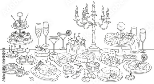 Elegant feast with cakes, cheeses, and candles in a detailed line art style