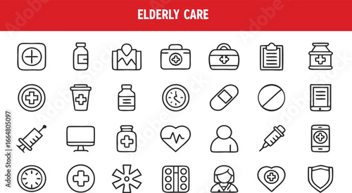 Collection of medical and healthcare icons for elderly care