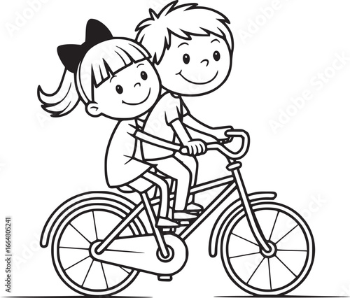 Joyful Cycle: A delightful cartoon illustrates a smiling boy and girl riding a bicycle together.