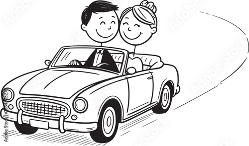 Newlyweds in the Convertible: A delightful illustration of a newly married couple riding in a vintage convertible car, capturing the beginning of their joyful journey together.
