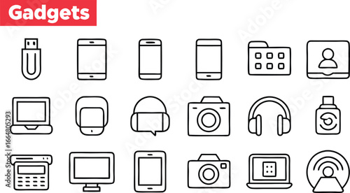 Collection of gadget icons and symbols on black background
