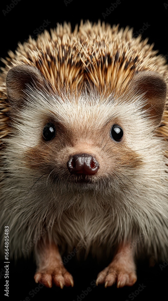 Fototapeta premium Adorable hedgehog showcases its unique features in a close-up view against a dark background