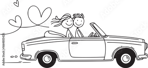 Romantic Road Trip: A delightful illustration depicts a stick-figure couple joyfully cruising in a classic convertible, their adventure underscored by heart-shaped symbols in a sketch-style art.
