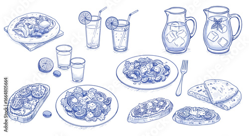 Hand drawn mediterranean cuisine with drinks and bread in blue ink style
