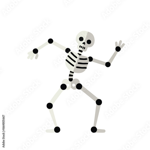 A funny cartoon skeleton with black joints dancing in a spooky pose on a white background.