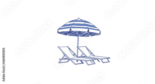 Beach relaxation with striped umbrella and chairs in sketch style