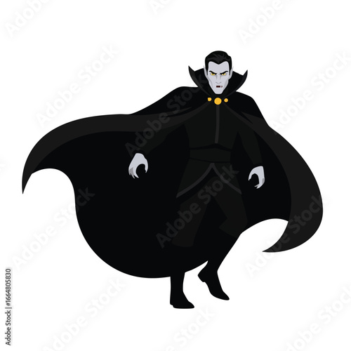 A menacing male vampire with pale skin and a dramatic flowing black cape.