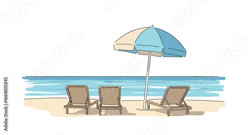 Beachfront relaxation: three lounge chairs and umbrella by the sea