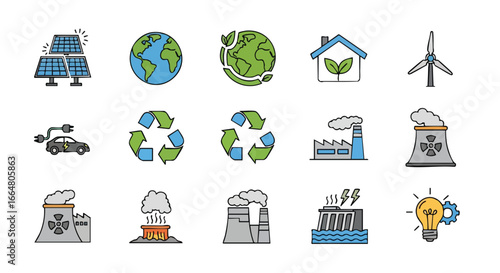 Illustration depicting sustainable energy sources, environmental awareness, and renewable electricity options for a greener future
