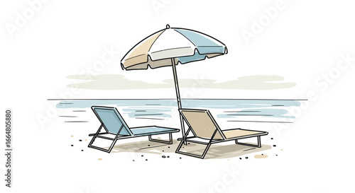 Beach relaxation with umbrella and lounge chairs in minimalist sketch style