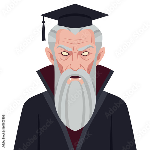 Portrait of a stern, old vampire professor in a graduation gown.