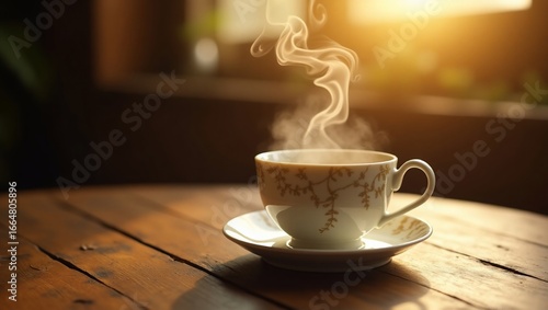 Warm Tea with Morning Sun, and Wooden Table.