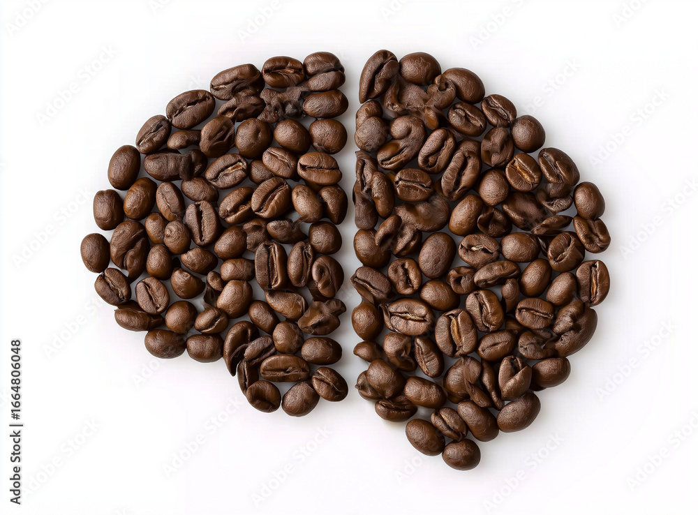Fototapeta premium An icon of coffee beans arranged in the shape of two human brains against a white background