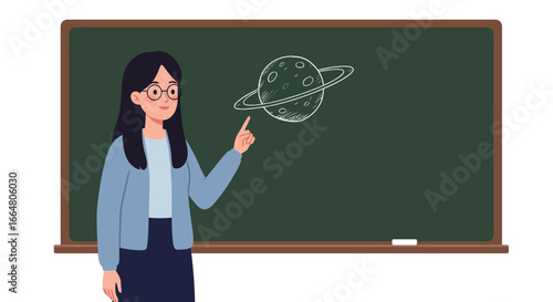 Teacher pointing at chalk drawn planet on classroom blackboard