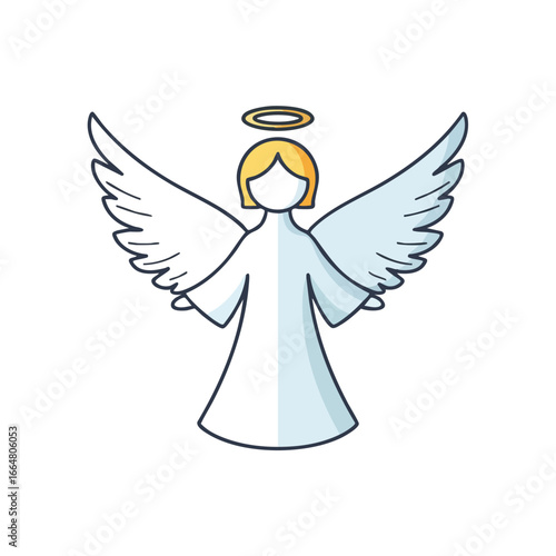 A simple cartoon illustration of an angel with large white wings and a golden halo.