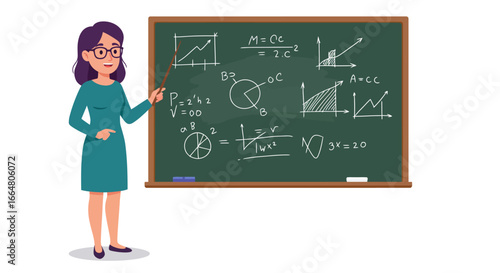 Woman teacher explaining math drawings on chalkboard in classroom setting
