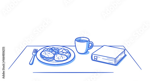 Minimalist breakfast setting with coffee and book in blue linear style