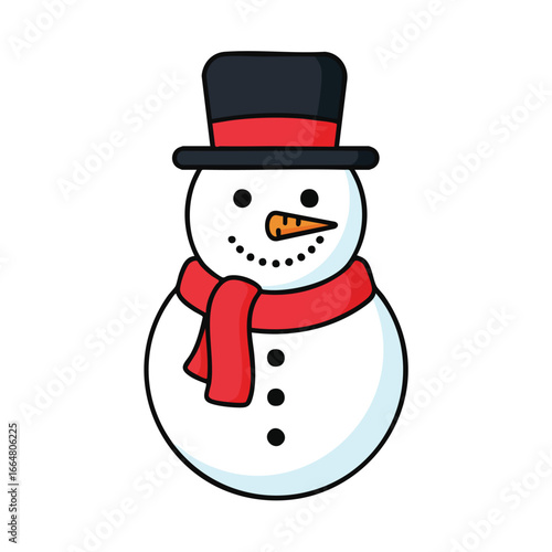 Illustration of a cheerful snowman with a hat and scarf on a white background.