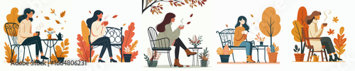 vector of a woman drinking warm coffee in autumn
