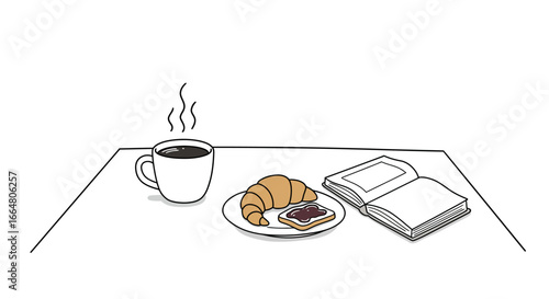 Cozy breakfast with coffee, croissant, jam toast, and open book in minimalist style