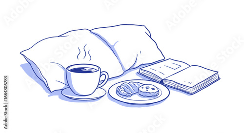 Cozy relaxation with coffee, cookies, and open book in simple blue linear style