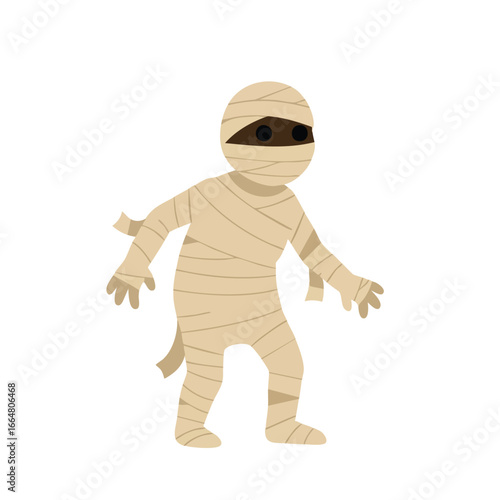 Cartoon mummy character wrapped in bandages, standing, with dark eyes visible.