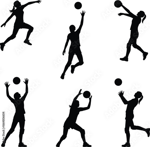 Volleyball player silhouette vector set, jumping spike, blocking, serving, setting action poses, black athlete icons, sports training concept illustration