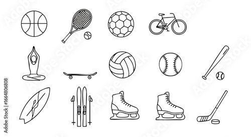 Diverse sporting goods icons arrayed against a clean white backdrop presenting a comprehensive image of athletics and recreational activities
