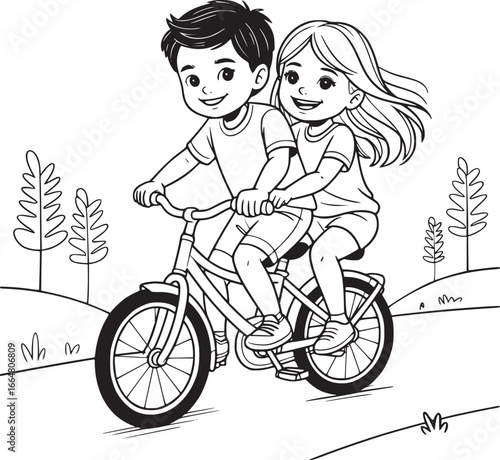 Joyful Tandem Ride: A heartwarming illustration of two children, a boy and a girl, sharing a joyful bike ride. A perfect depiction of friendship, fun, and carefree moments.