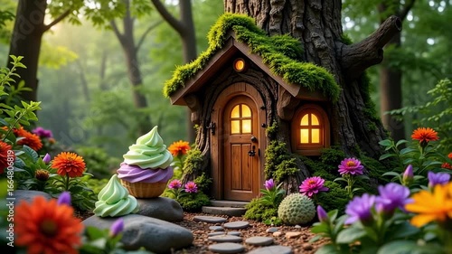 Fairy house in forest with cupcakes scenic fantasy art background hd