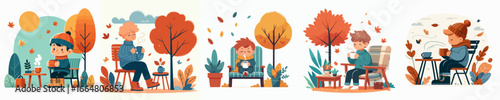 vector of a little boy drinking warm coffee in autumn