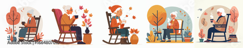 vector of a grandmother drinking warm coffee in autumn