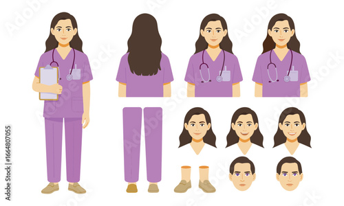 Character design sheet of female nurse in purple scrubs with multiple views, accessories, and facial expressions for animation and illustration