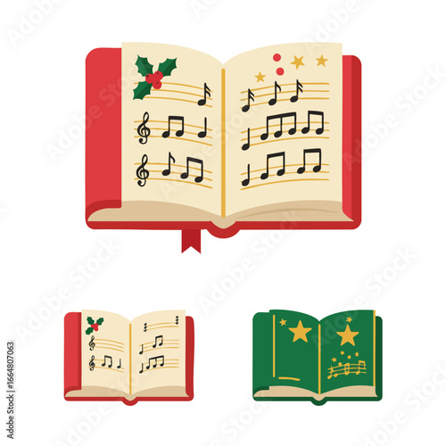 Three open music books, two red and one green, featuring musical notes, holly, and stars, suggesting Christmas carols.