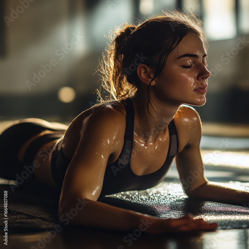 Young woman practicing hot yoga in a steamy studio, sweat glistening on skin, deep breathing, intense focus, flexibility and endurance, fitness and health, stock photography concept. 