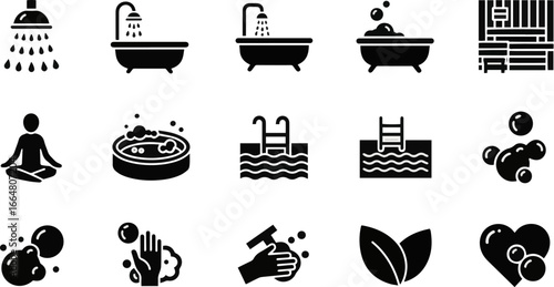 Isolated a Spa and bath icon set. Vector glyph pictograms of shower, bathtub, sauna, jacuzzi, swimming pool, relaxation, hygiene, wellness, soap bubbles vector art silhouette with white background.