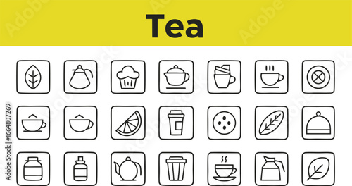 Collection of hand drawn tea icons and symbols