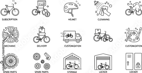  a Bicycle services line icon set. Vector pictograms of subscription, helmet, cleaning, mechanic, delivery, customization, spare parts, storage, locker, thin linear vector art silhouette .