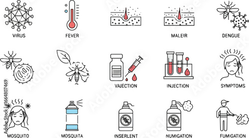 Isolated a Mosquito borne diseases line icon set. Vector pictograms of virus, fever, rash, malaria, dengue, test, vaccine, injection, symptoms, spray, repellent, fumigation, vector art silhouette .