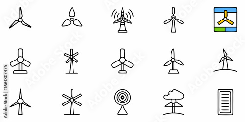 Illustration showing various wind turbine designs and a few other related graphical elements icons set