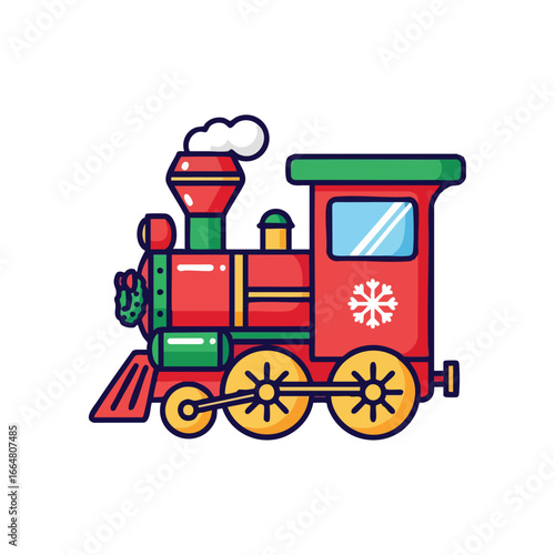 A festive red and green steam locomotive decorated with a snowflake, ready for a holiday journey.