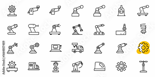 Illustration of various robotic arms and industrial machinery in a line art style on a white background