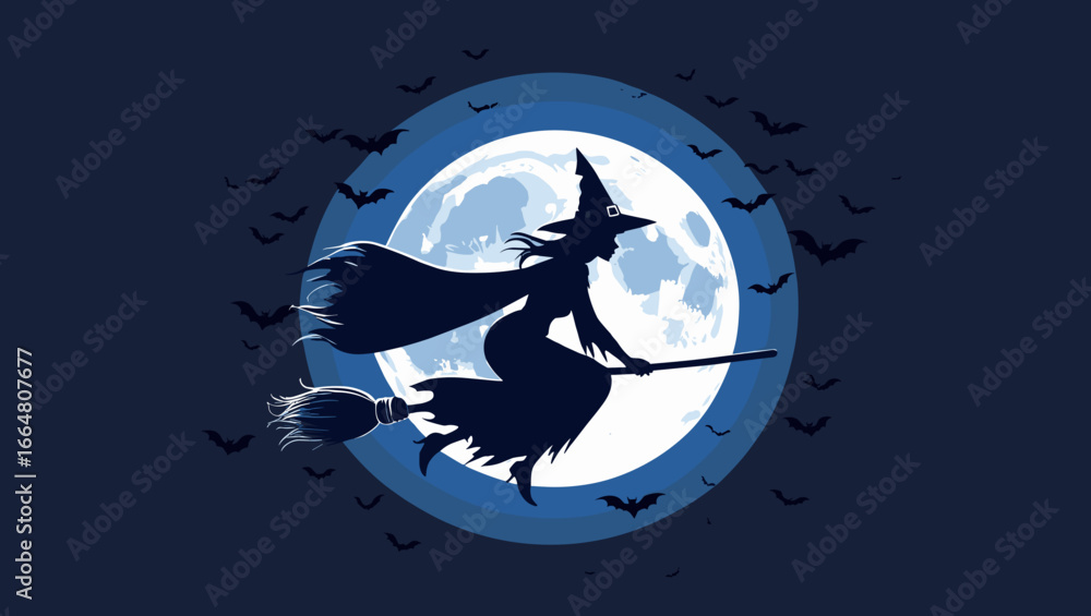 Fototapeta premium Silhouette of a witch flying on a broomstick against the full moon with bats in a spooky design